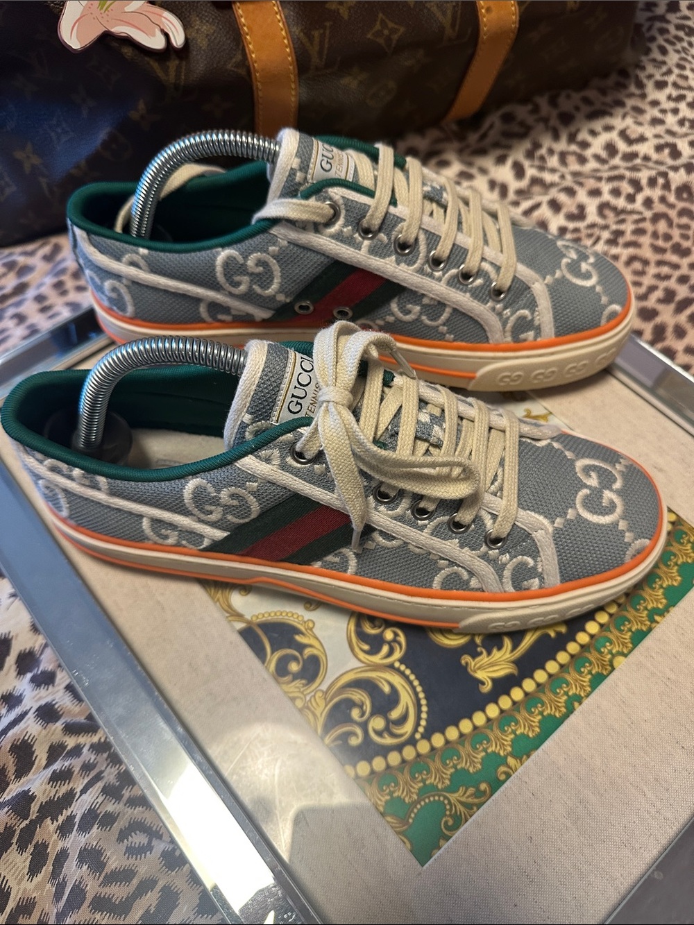Gucci Tennis 1977 GG Canvas Sneakers light blue wWeb and Orange Trim